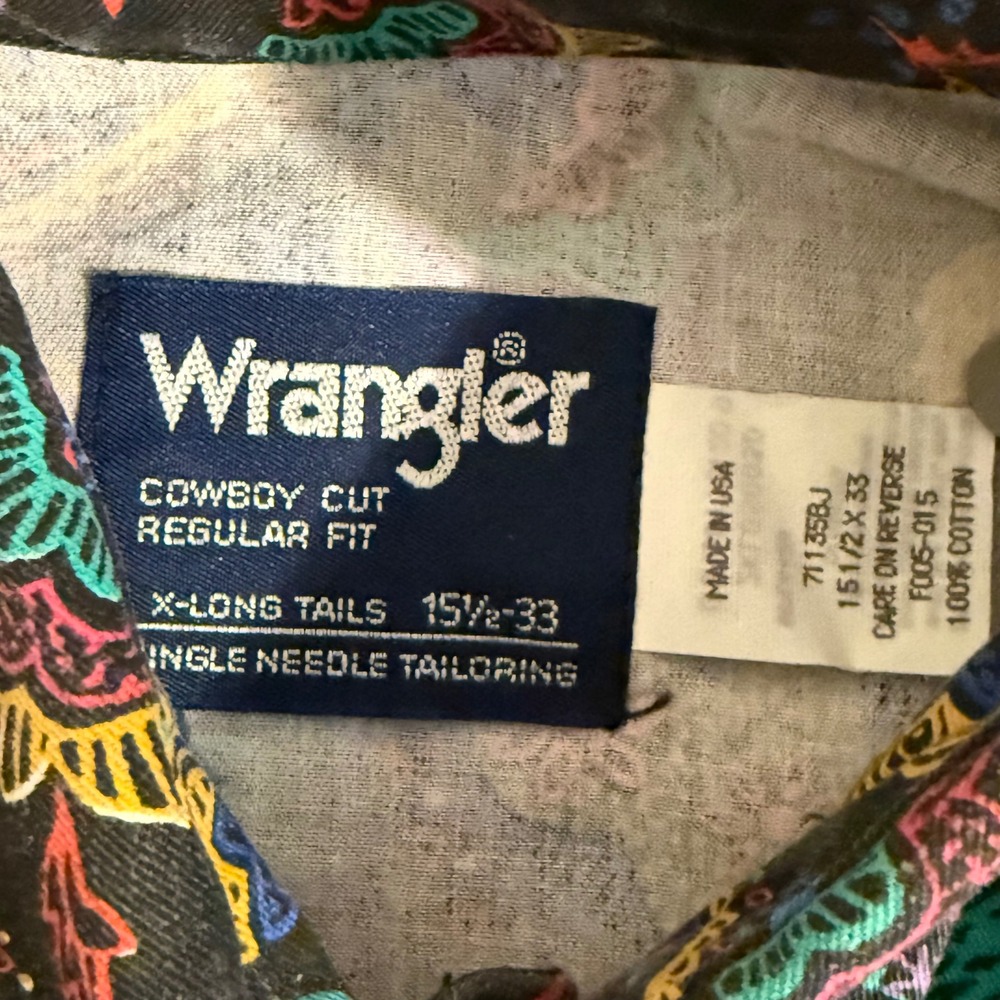 Vintage Wrangler Brushpop Mens Size 15.5 33 AOP 90s XLong Tails Single Stitch - Picture 3 of 9
